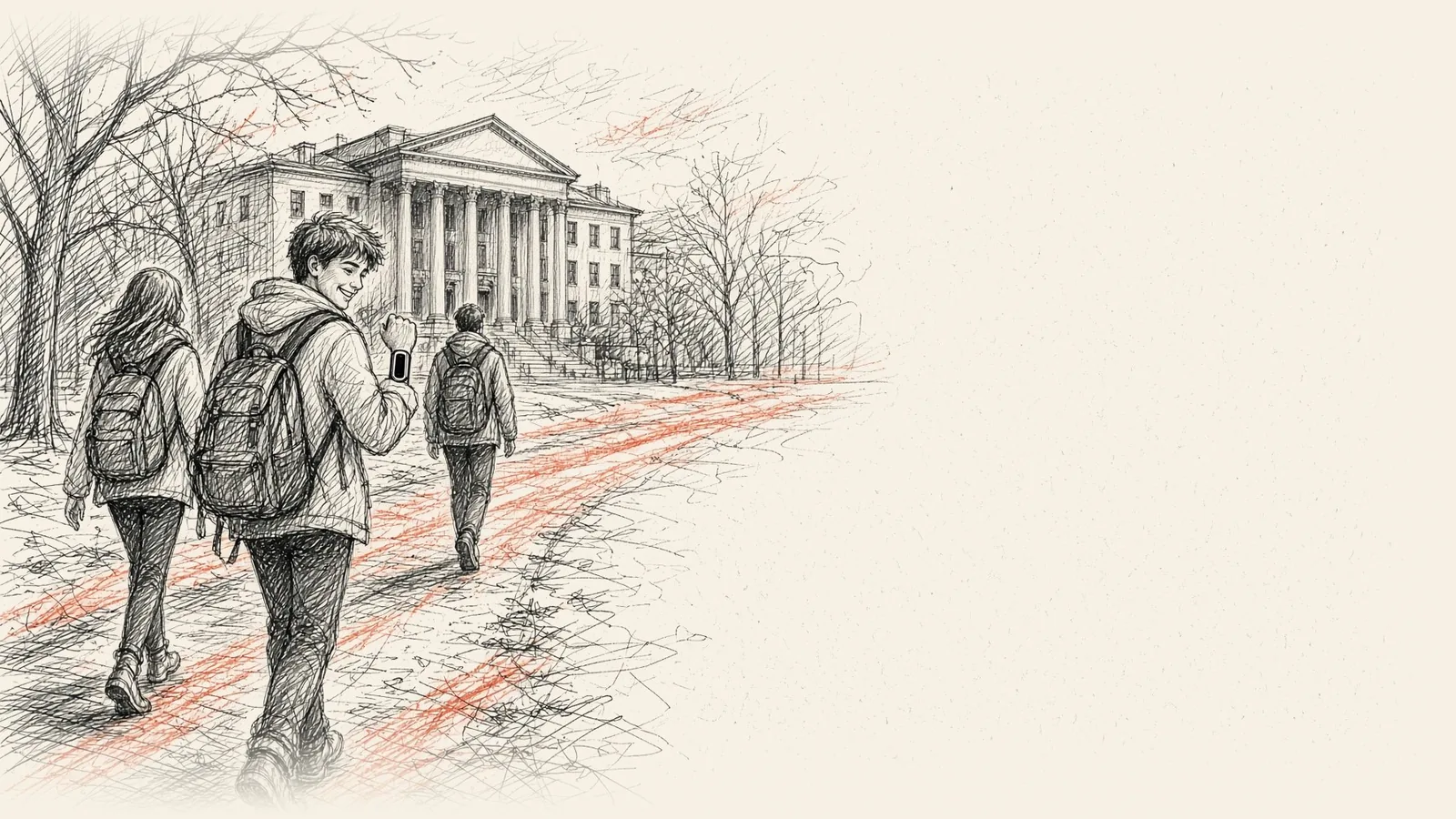 Ink drawing of college students with backpacks crossing a tree-lined quad toward a columned hall, one smiling at the band on his wrist.