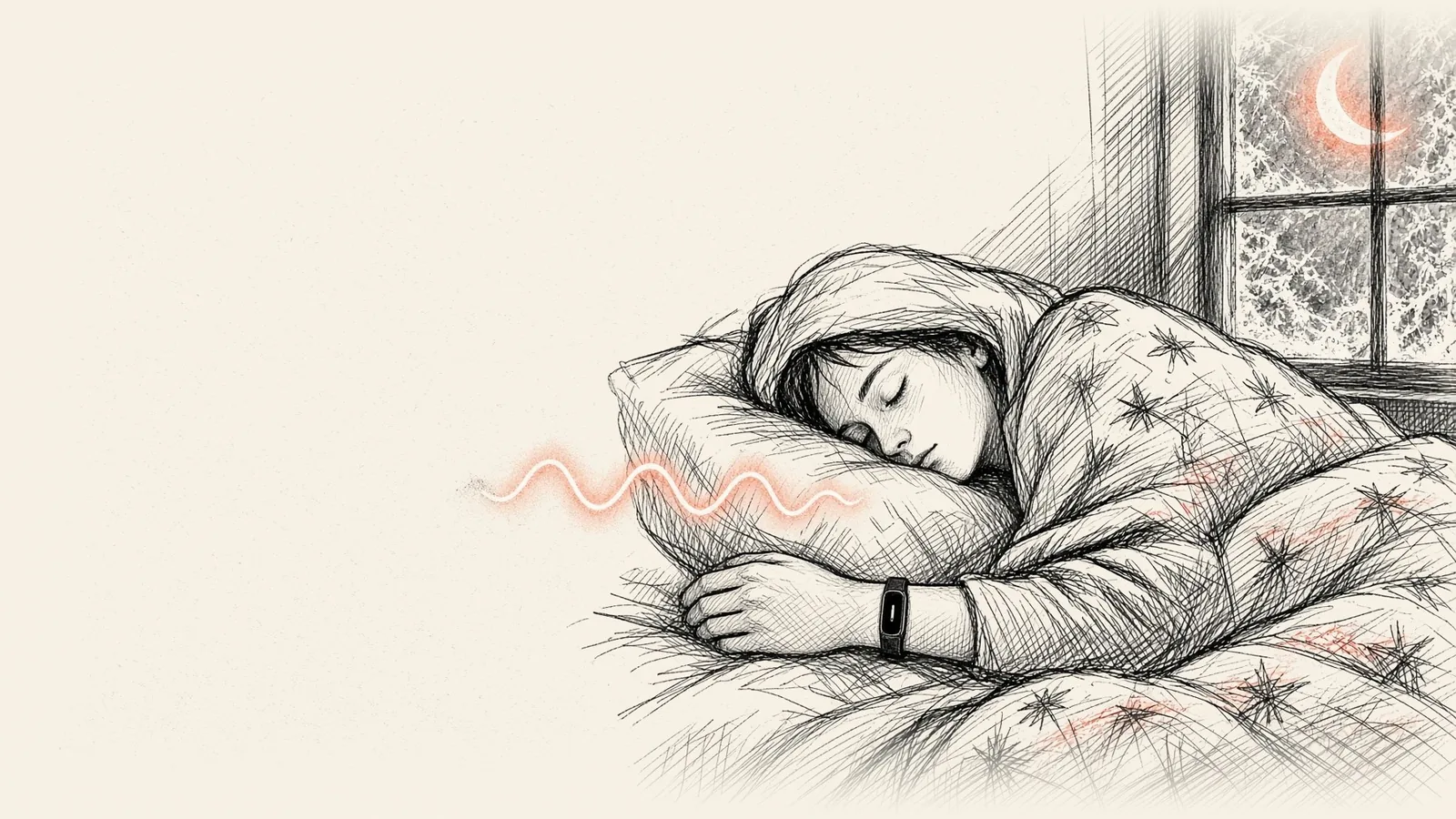 Ink drawing of a person asleep under a starry winter quilt beside a frosted window and crescent moon, a soft glowing wave beside the band on their wrist.