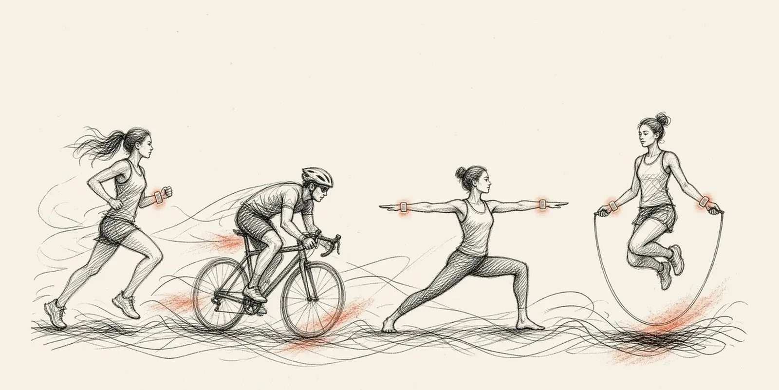 Ink drawing of a runner, a cyclist, a person in a yoga warrior pose and a person jumping rope moving in one flowing line, each wearing a glowing band.