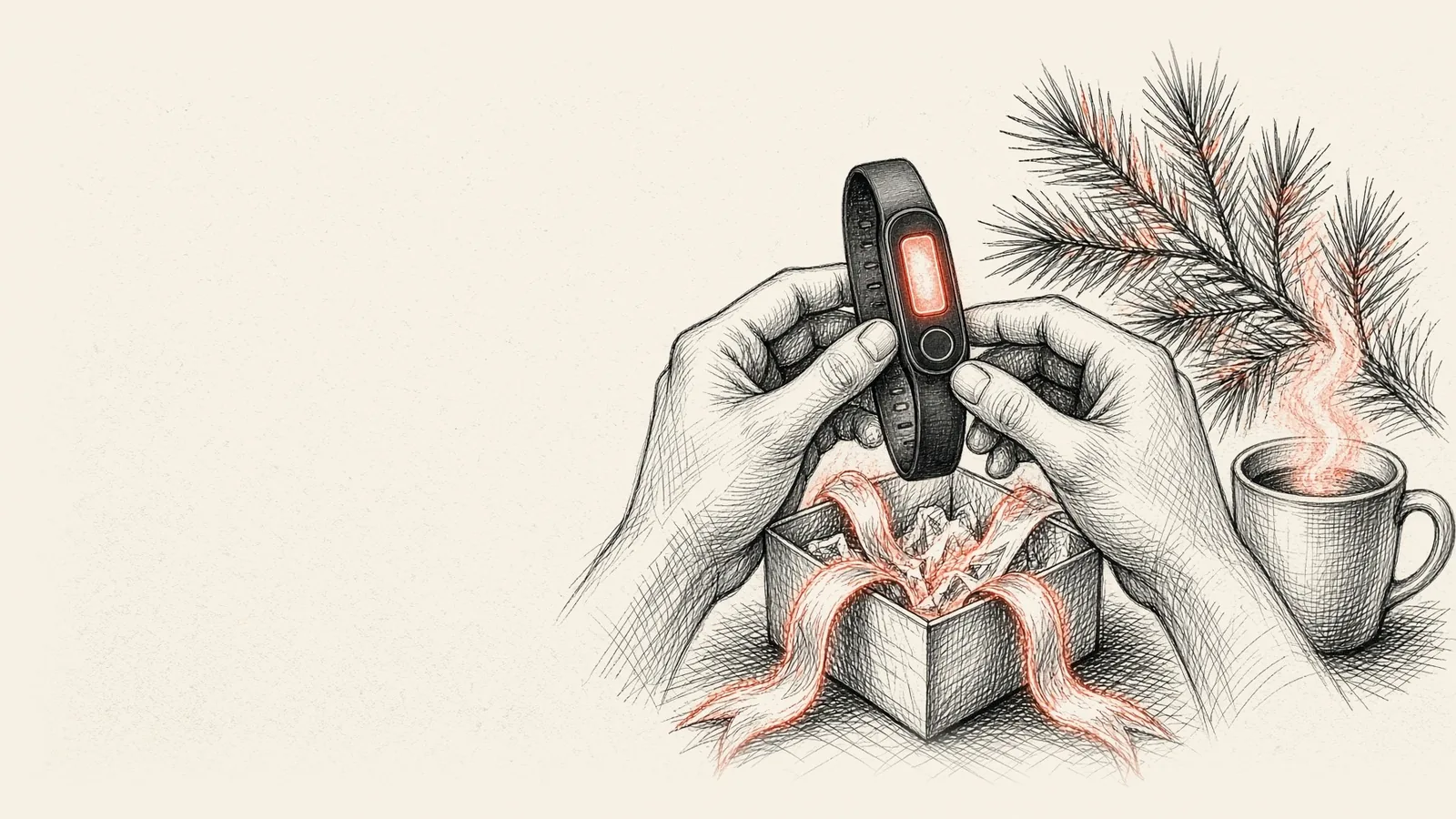 Ink drawing of two hands lifting a slim black fitness band with a glowing vertical screen out of a ribboned gift box, beside a pine bough and a steaming mug.